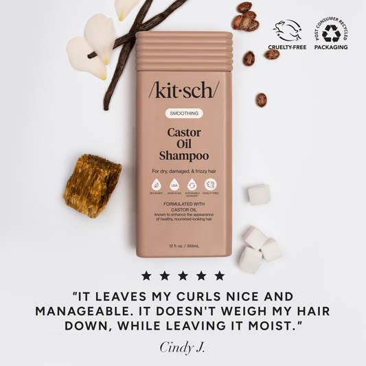 Kitsch Castor Oil Shampoo bottle with natural ingredients on a light background with a 5 star review at the bottom that reads "it leaves my curls nice and manageable. it doesn't weigh my hair down while leaving it moist"