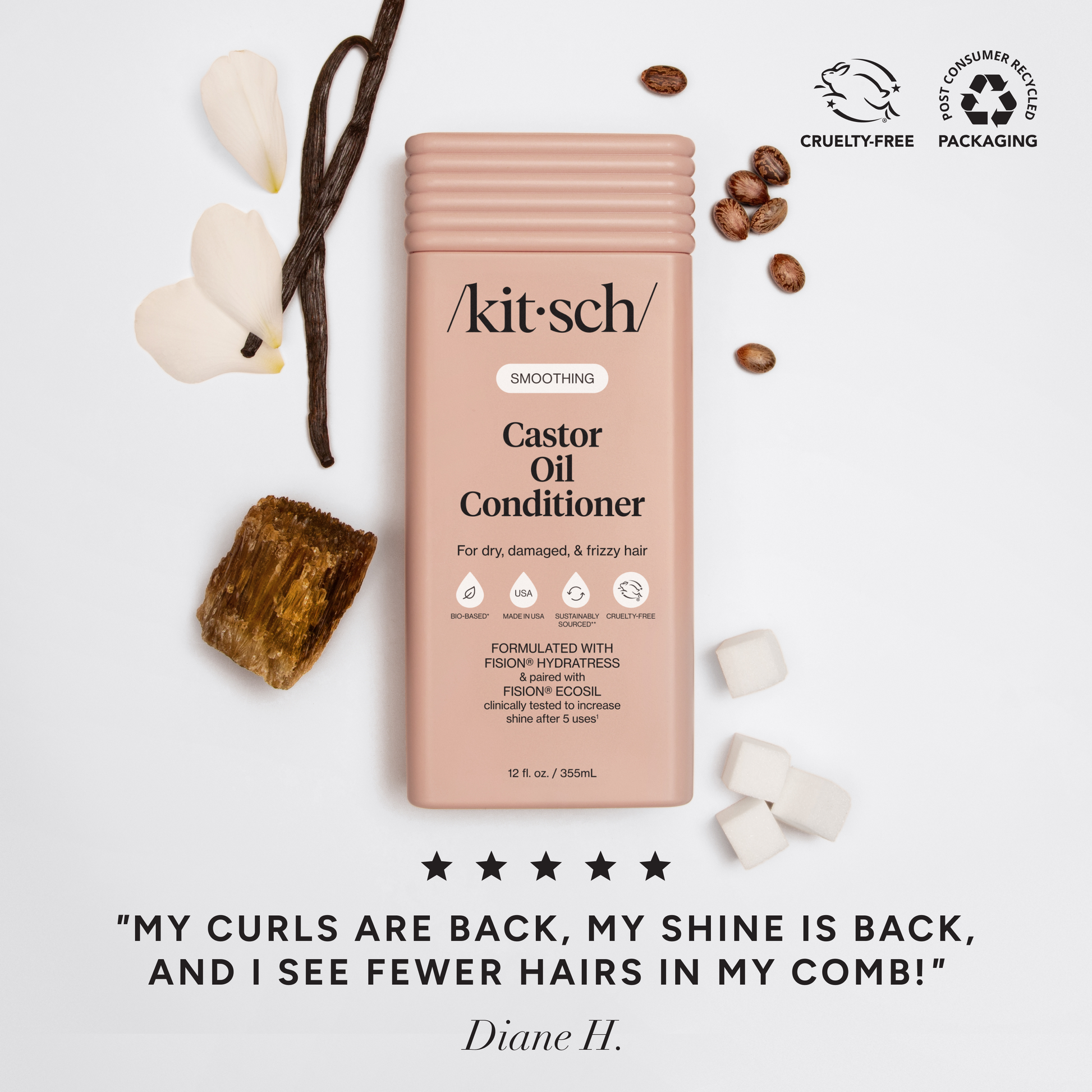 Kitsch Castor Oil Conditioner bottle with vanilla beans, coconut, and coffee beans on a light background with a 5 star review at the bottom that reads "my curls are back, my shine is back, and I see fewer hairs in my comb"