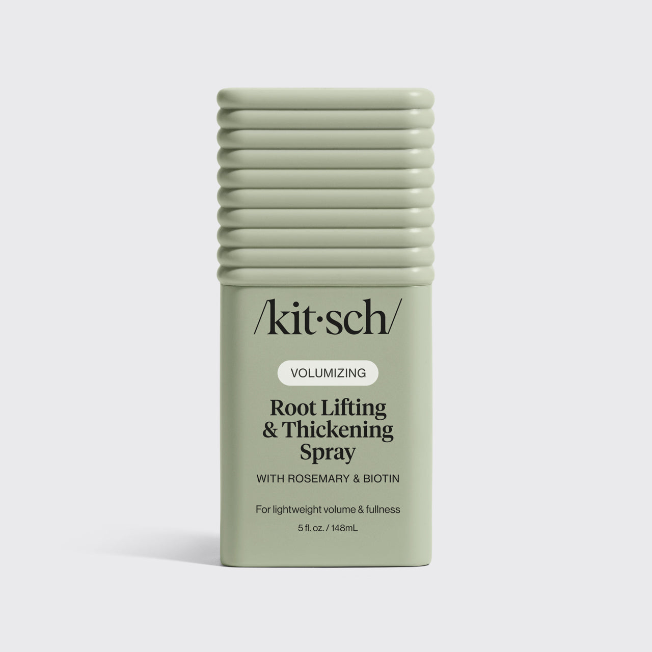 KITSCH Root Lifting & Thickening Spray — hero standalone bottle shot on light gray background — VOLUMIZING Root Lifting & Thickening Spray With Rosemary & Biotin — For lightweight volume & fullness — 5 fl oz / 148 mL — 86% agreed provided noticeable lift & volume at roots — 90% agreed did not weigh hair down or have a greasy feel