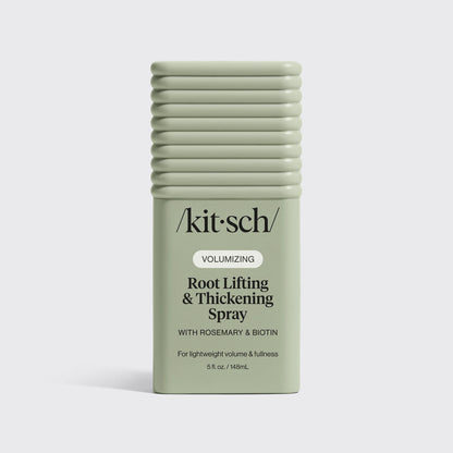 KITSCH Root Lifting & Thickening Spray — hero standalone bottle shot on light gray background — VOLUMIZING Root Lifting & Thickening Spray With Rosemary & Biotin — For lightweight volume & fullness — 5 fl oz / 148 mL — 86% agreed provided noticeable lift & volume at roots — 90% agreed did not weigh hair down or have a greasy feel