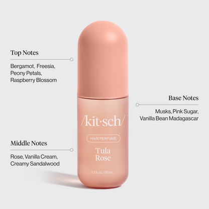 Kitsch Tula Rose Hair Perfume scent notes infographic — top, middle, and base notes