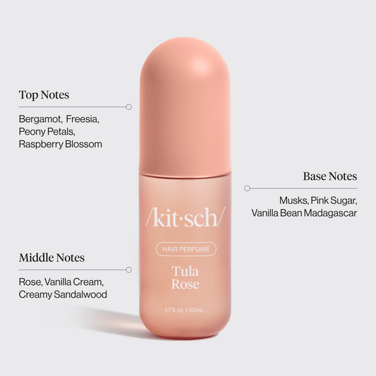 Kitsch Tula Rose Hair Perfume scent notes infographic — top, middle, and base notes