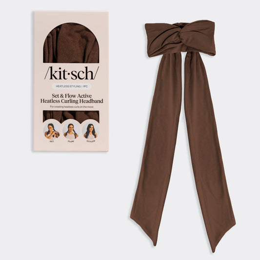 KITSCH Set & Flow Active Headband in Chocolate Brown — hero product shot — 2-in-1 design works as a stylish active headband by day and a gentle sleep headband by night