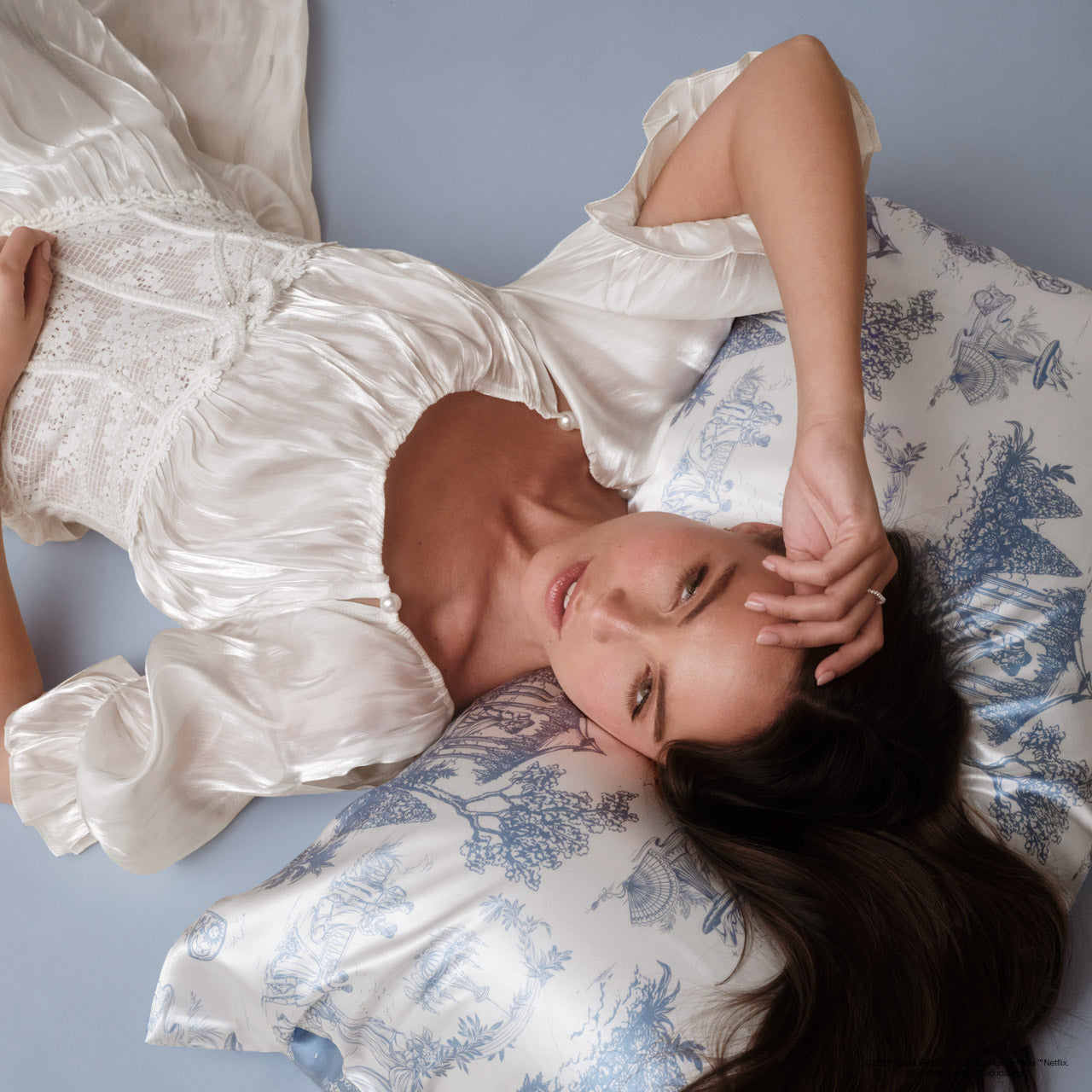 Bridgerton x Kitsch Garden Toile Satin Pillowcase — Standard — lifestyle 2