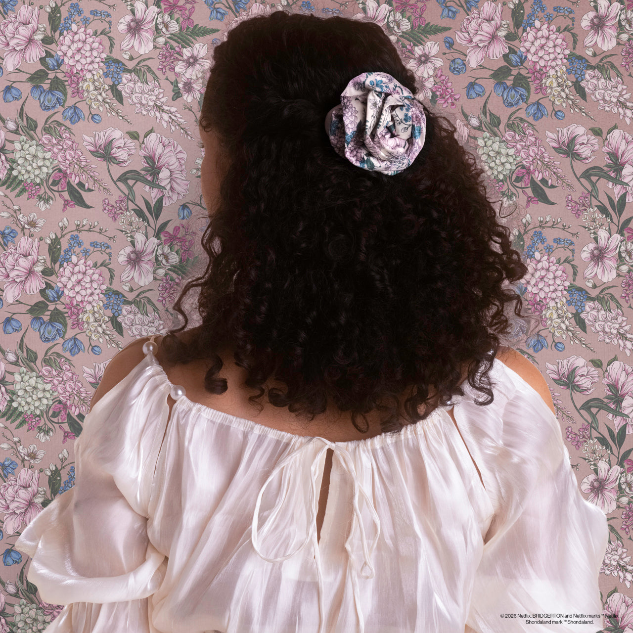KITSCH Bridgerton x Kitsch Satin Rosette Flat Cloud Clip Wisteria — model hair shot 3