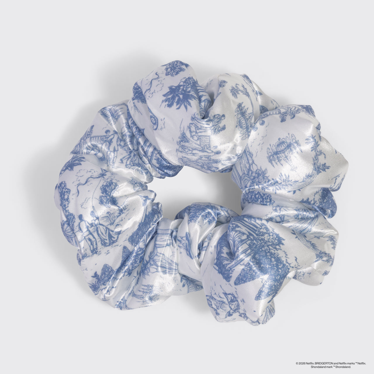 KITSCH Bridgerton x Kitsch Satin Pillow Scrunchies® in Toile in Bloom — product flat lay of Toile in Bloom satin pillow scrunchies — Bridgerton x KITSCH limited-edition collab design