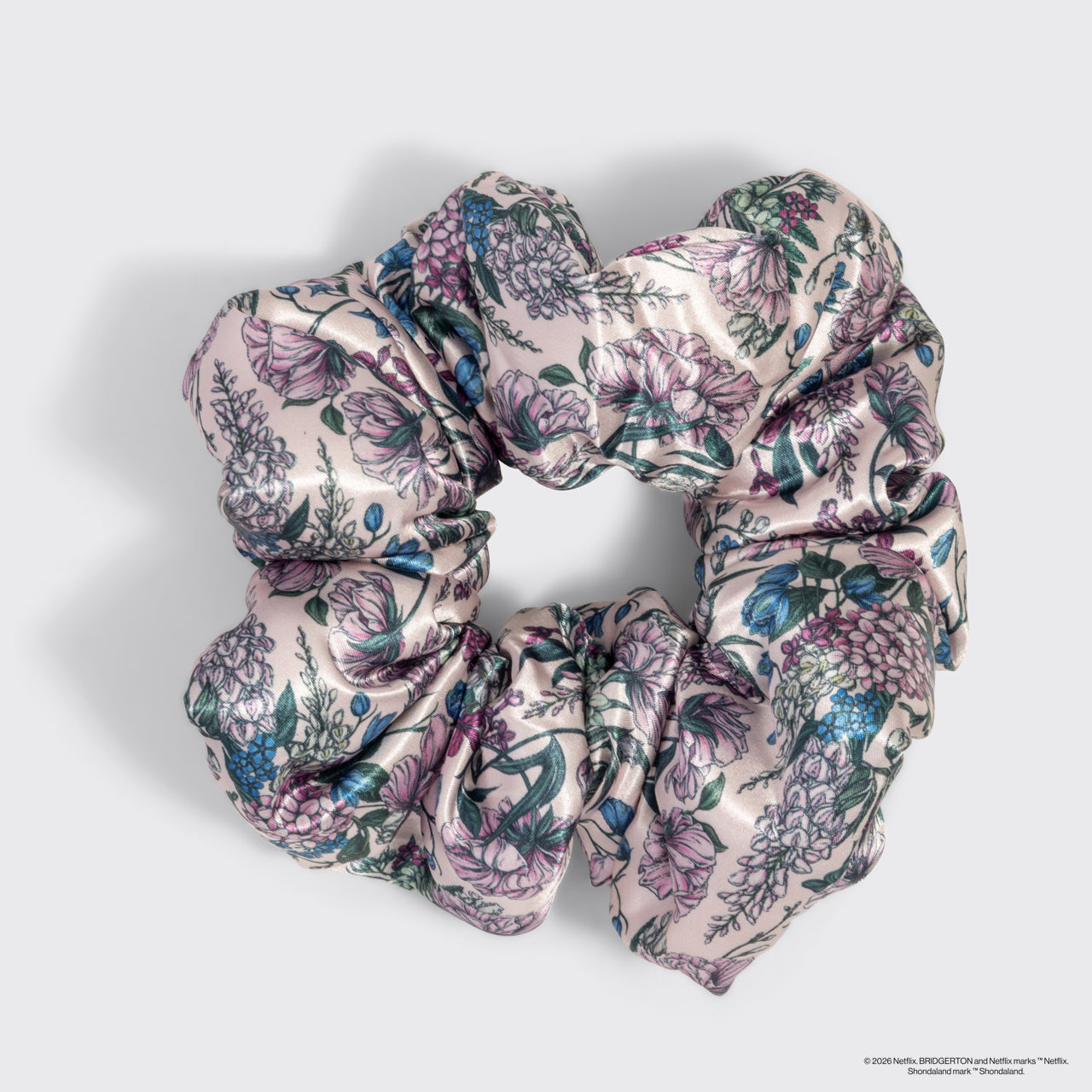 KITSCH Bridgerton x Kitsch Satin Pillow Scrunchies® in Toile in Bloom — close-up detail of Toile in Bloom floral satin print — pillow-soft satin gentle enough to sleep in every night