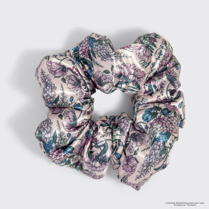 KITSCH Bridgerton x Kitsch Satin Pillow Scrunchies® in Toile in Bloom — close-up detail of Toile in Bloom floral satin print — pillow-soft satin gentle enough to sleep in every night