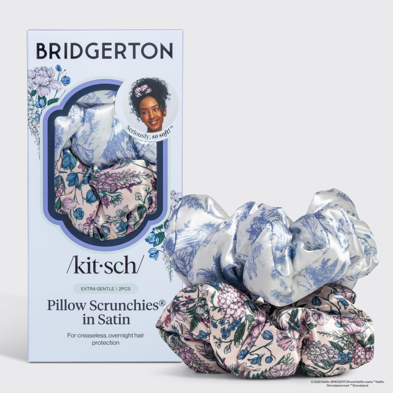 KITSCH Bridgerton x Kitsch Satin Pillow Scrunchies® in Toile in Bloom — hero product shot — Bridgerton x KITSCH collab in elegant floral Toile satin — pillow-soft, won't crimp hair overnight