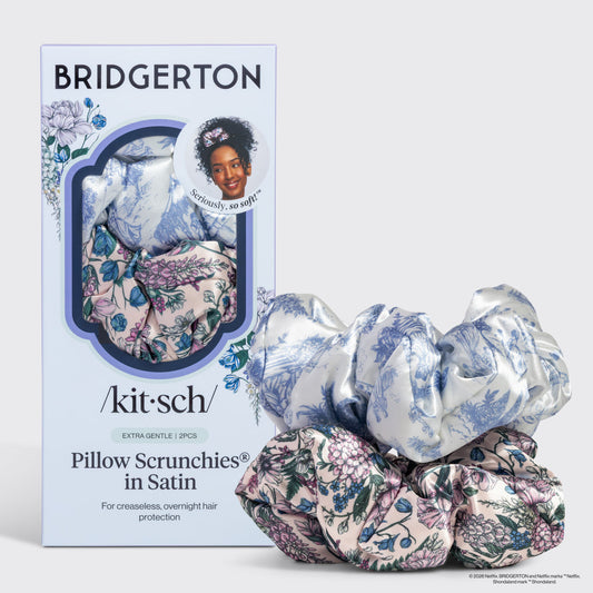 KITSCH Bridgerton x Kitsch Satin Pillow Scrunchies® in Toile in Bloom — hero product shot — Bridgerton x KITSCH collab in elegant floral Toile satin — pillow-soft, won't crimp hair overnight