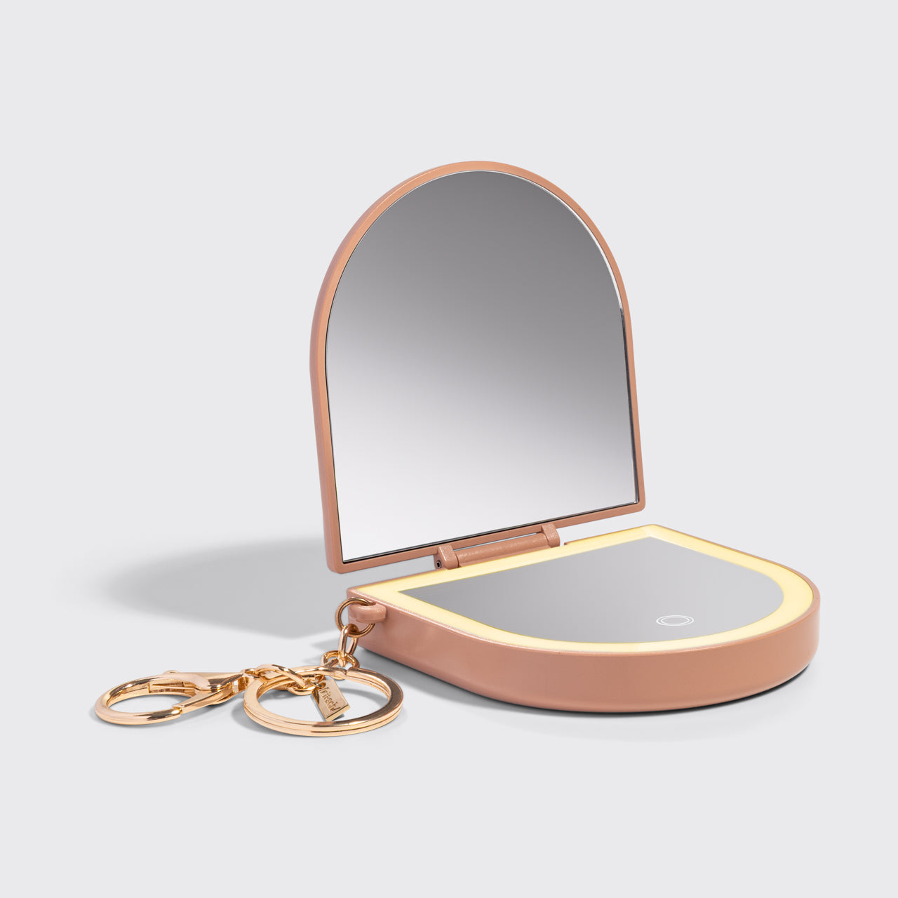 KITSCH Terracotta Compact Mirror Keychain — product detail shot with LED mirror open — terracotta color compact mirror on keyring for on-the-go beauty touch-ups