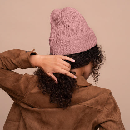 Model wearing the Kitsch Glazey Satin-Lined Beanie in blush — lifestyle