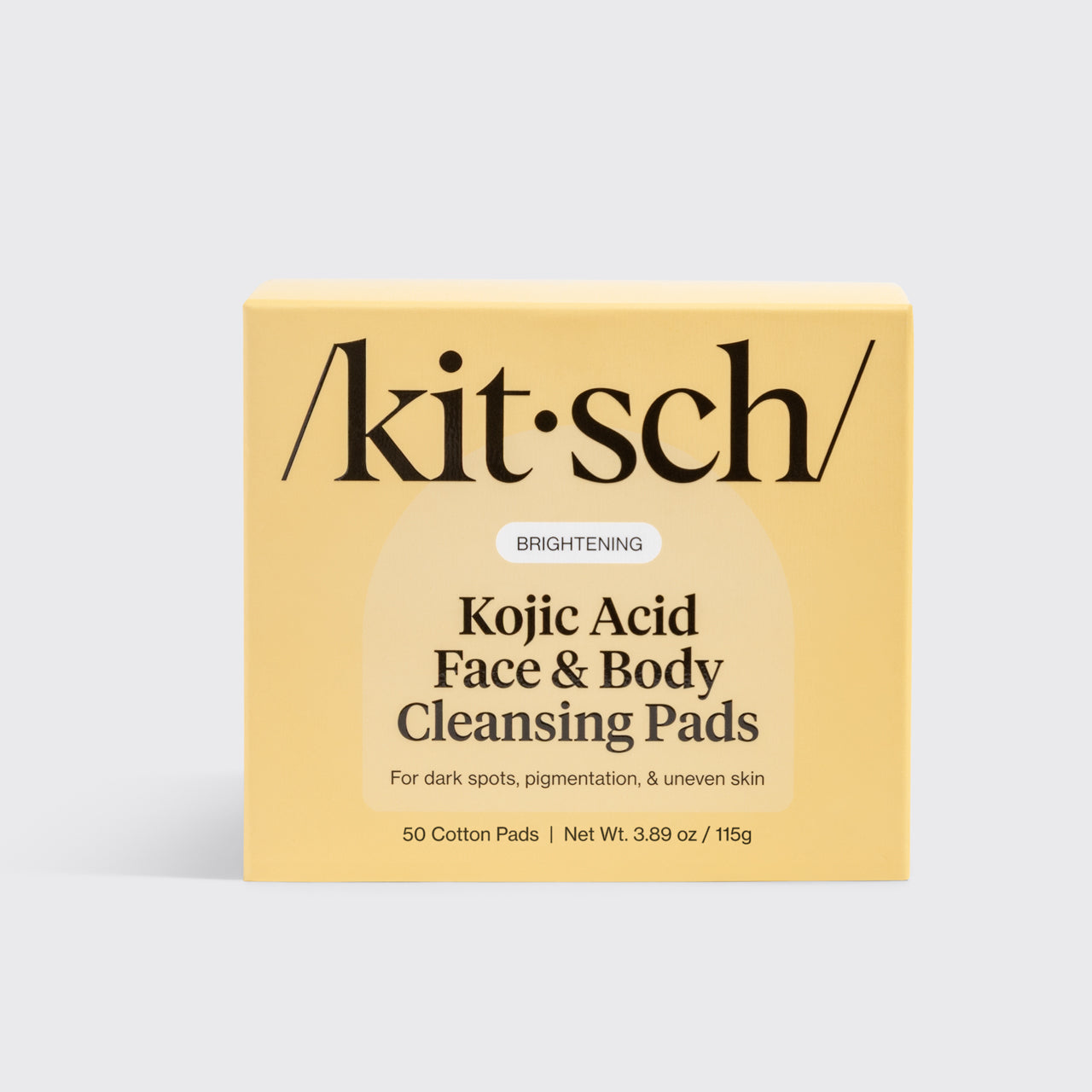 KITSCH Kojic Acid Face & Body Cleansing Pads — retail packaging box front shot on light gray background — BRIGHTENING | Kojic Acid Face & Body Cleansing Pads — For dark spots, pigmentation, & uneven skin — 50 Cotton Pads | Net Wt. 3.89 oz / 115g — Kojic Acid helps fade dark spots, reduce sun damage, and lighten acne scars
