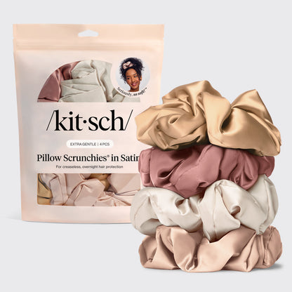 KITSCH Pillow Scrunchies® in Satin 4pc - Blush — hero — four oversized blush satin scrunchies arranged together — pillow-soft satin protects hair while you sleep or style