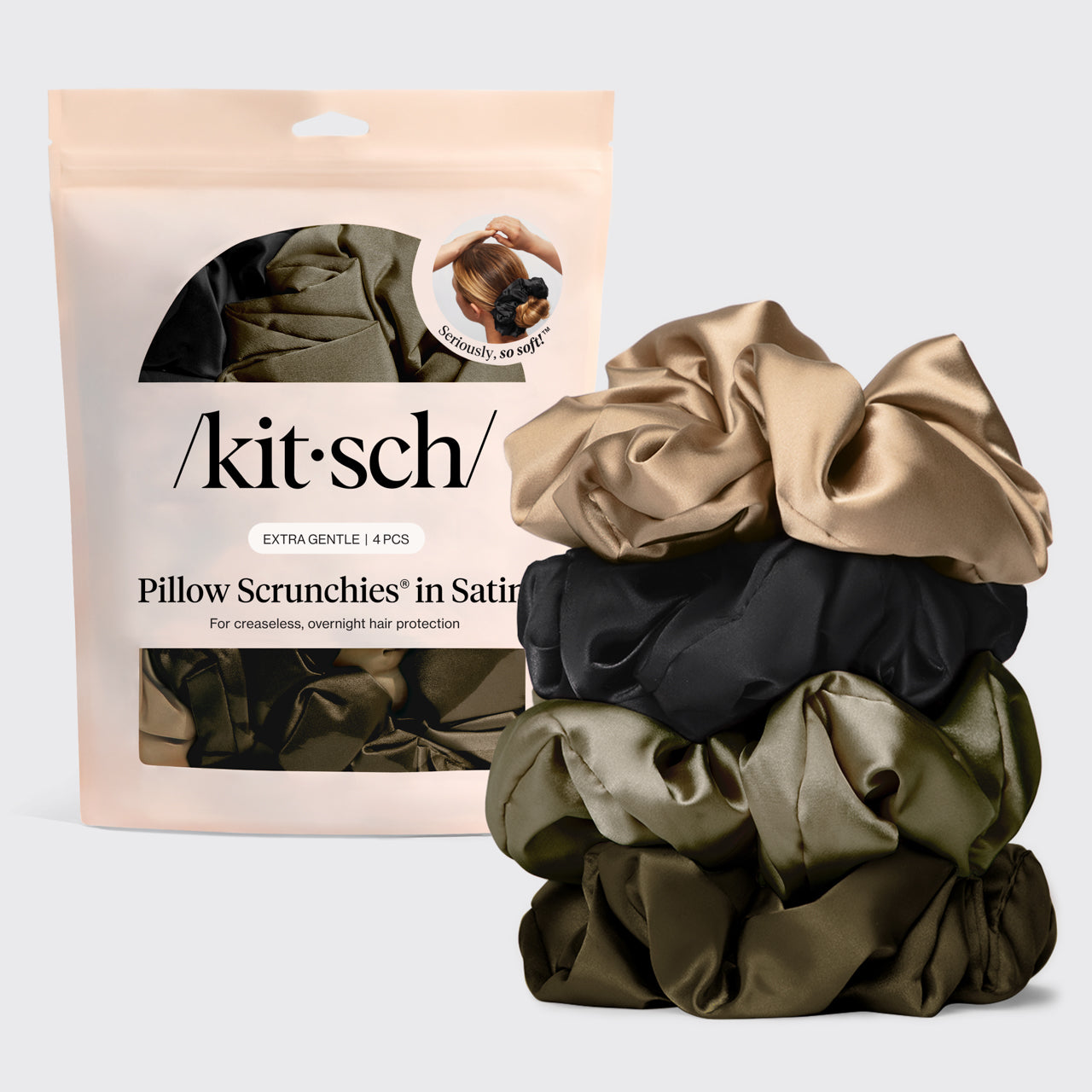 KITSCH Pillow Scrunchies® in Satin 4pc - Black — hero — four oversized black satin scrunchies arranged together — pillow-soft satin protects hair while you sleep or style