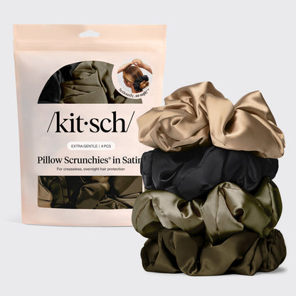 KITSCH Pillow Scrunchies® in Satin 4pc - Black — hero — four oversized black satin scrunchies arranged together — pillow-soft satin protects hair while you sleep or style