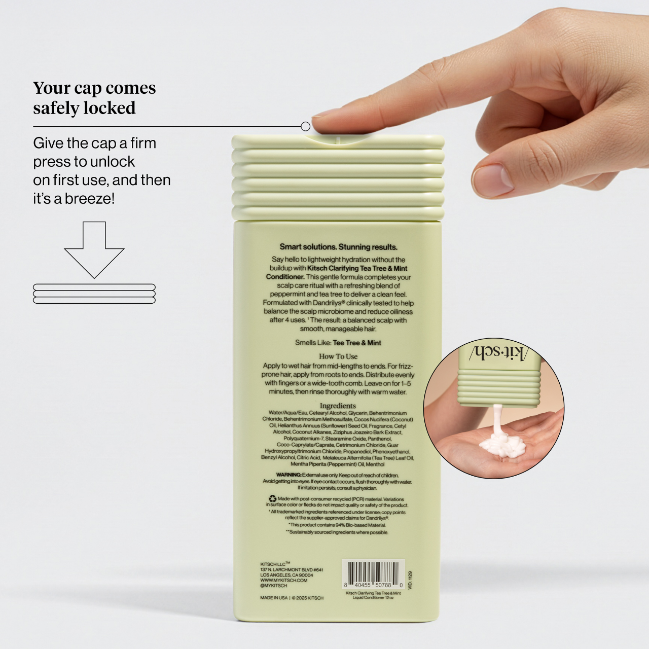KITSCH Clarifying Tea Tree & Mint Conditioner back label showing the safety-locked cap with hand pressing to unlock on first use