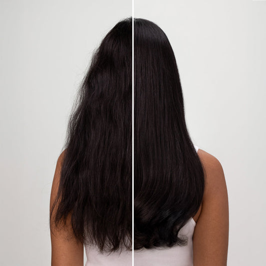 Before and after comparison from behind showing improved scalp clarity and shine after using KITSCH Clarifying Tea Tree & Mint Shampoo and Conditioner