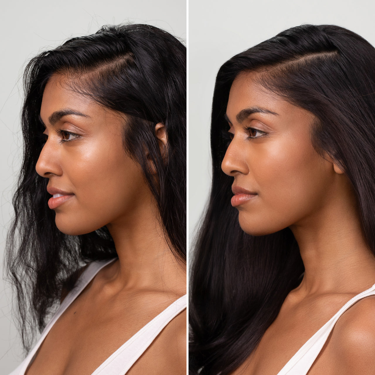 Side-by-side comparison of a woman with straight and hair against a neutral background
