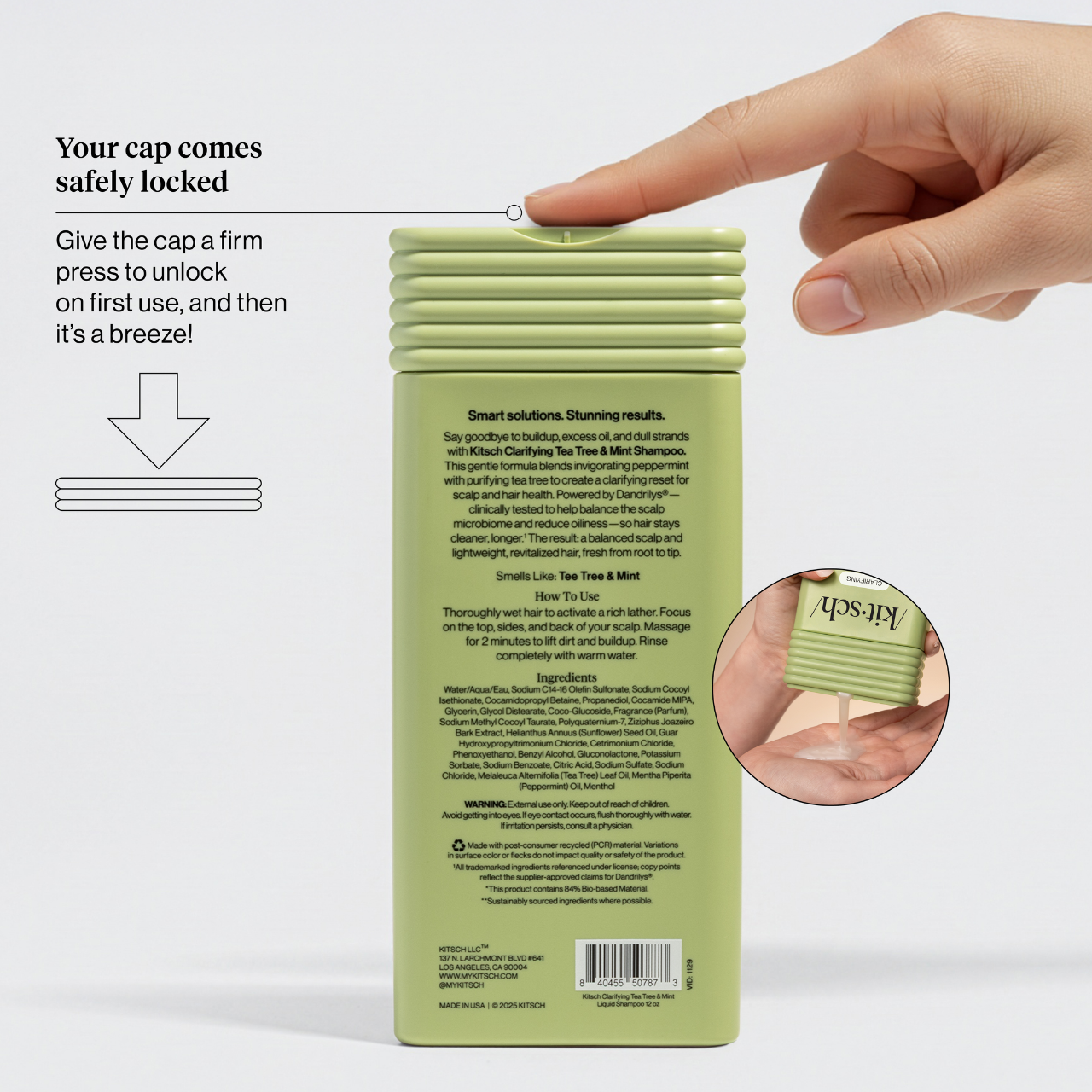 KITSCH Clarifying Tea Tree & Mint Shampoo back label showing the safety-locked cap with hand pressing to unlock on first use