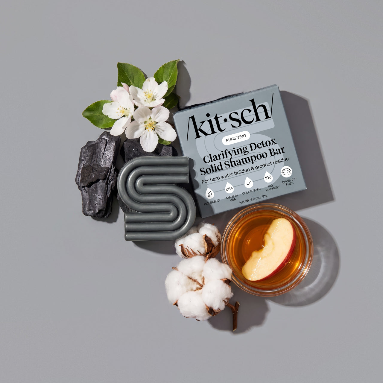 KITSCH Detox Shampoo Bar — activated charcoal and apple cider vinegar formula close-up — absorb excess oil and eliminate product buildup — vegan, cruelty-free & Leaping Bunny Certified