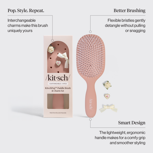 Kitsch KitschPop Paddle Brush in Terracotta infographic showing soft flexible bristles and customizable charm slots