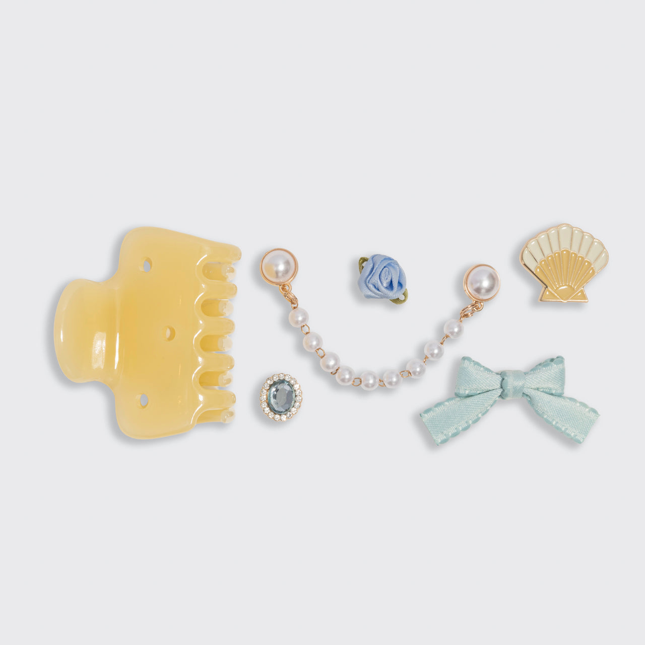 KitschPop Coastal Cottage Cloud clip Collection 7pc set – Butter Yellow cloud, claw clip, seashell, mint bow, pearl chain, rosette & rhinestone charms