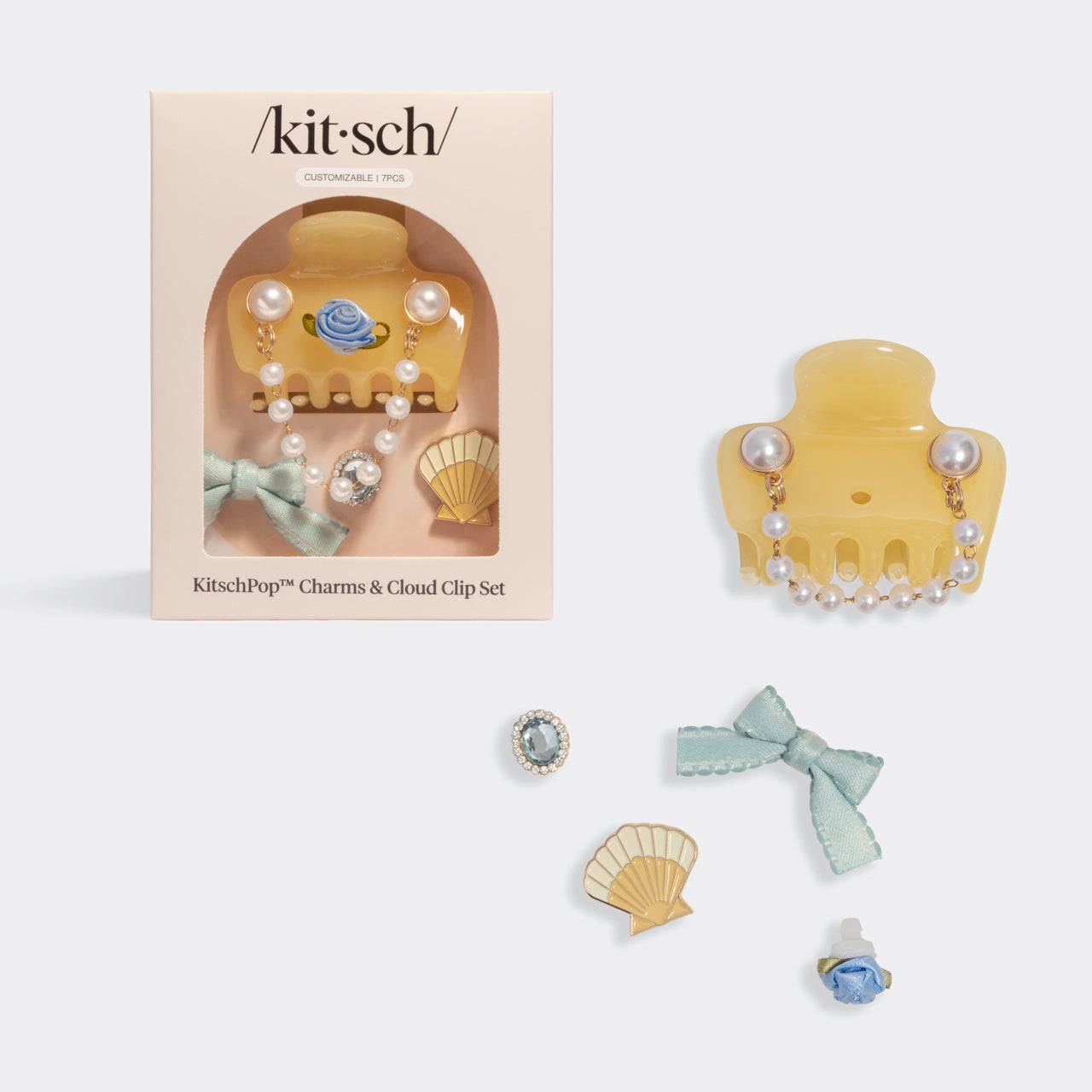 KitschPop Coastal Cottage Cloud clip Collection 7pc set – Butter Yellow cloud, claw clip, seashell, mint bow, pearl chain, rosette & rhinestone charms