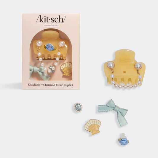 KitschPop Coastal Cottage Cloud clip Collection 7pc set – Butter Yellow cloud, claw clip, seashell, mint bow, pearl chain, rosette & rhinestone charms