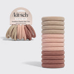 Rosewood Seamless Hair Elastics 12pc Set - packaging with stacked elastics in light beige, dusty rose, and rosewood on grey background
