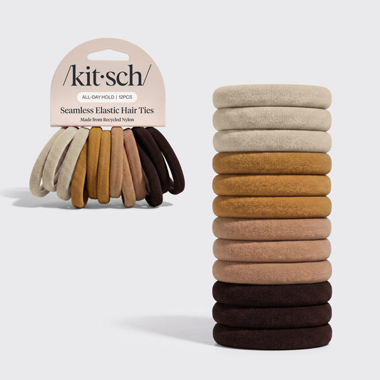 Sedona Seamless Hair Elastics 12pc Set - packaging with stacked elastics in sand, terracotta, and espresso tones on grey background