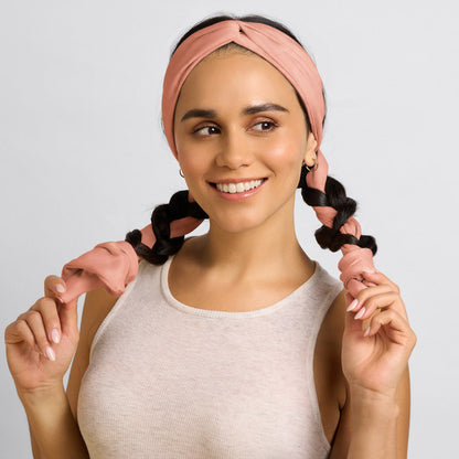 KITSCH Set & Flow Active Headband in Terracotta — lifestyle model shot with terracotta set & flow headband for active wear — keeps hair back without creasing or pulling