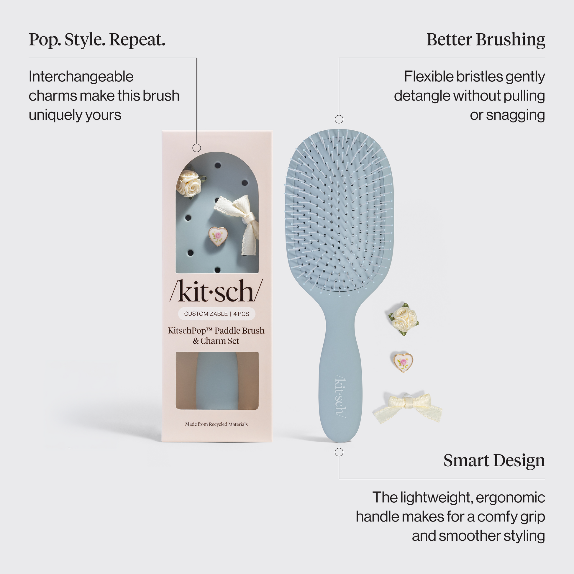 KitschPop Paddle Brush in Haze Blue infographic showing soft flexible bristles and customizable charm slots