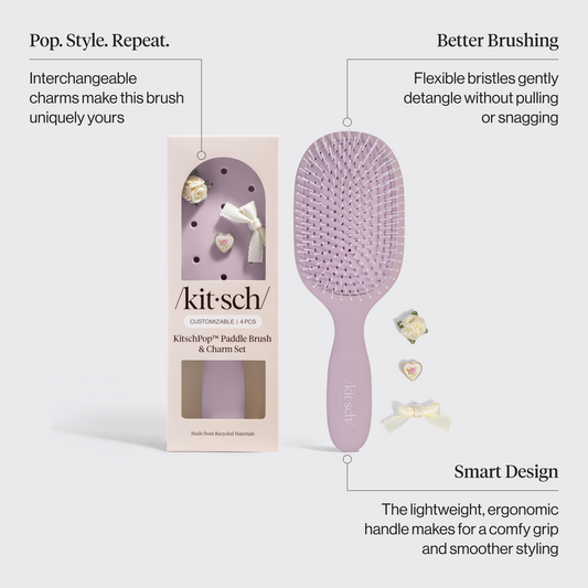 Kitsch KitschPop Paddle Brush in Soft Violet infographic showing soft flexible bristles and customizable charm slots