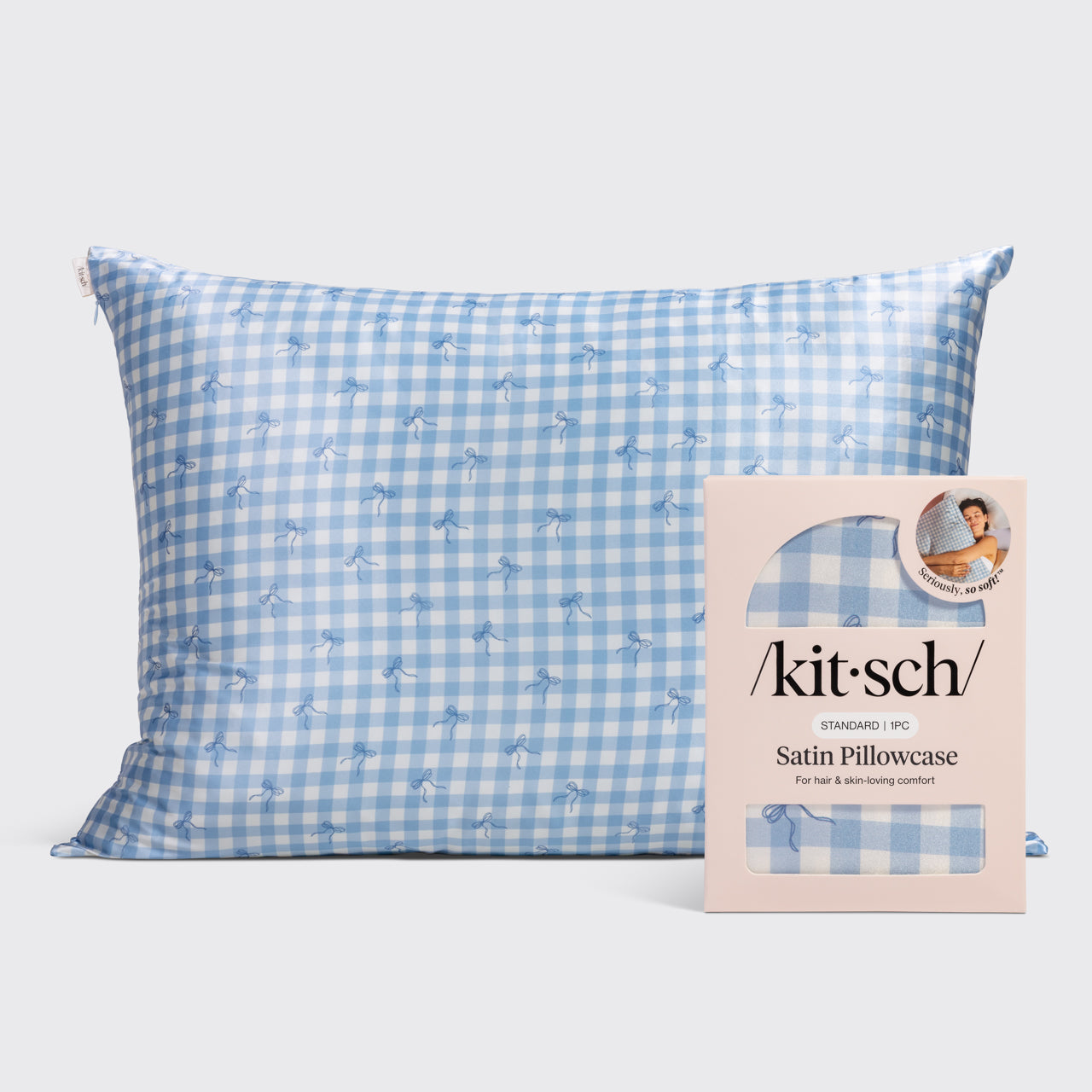 KITSCH Gingham Blue Standard Satin Pillowcase — hero view
