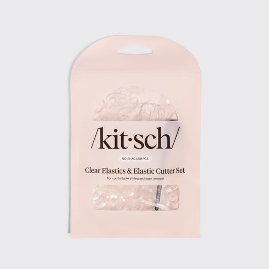 KITSCH No-Snag Elastics 200pcs & Recycled Plastic Elastic Cutter Set — product shown in the Kitsch Pro pouch packaging — 200 clear elastics plus a recycled plastic cutter — travel-friendly, refillable hair tie kit