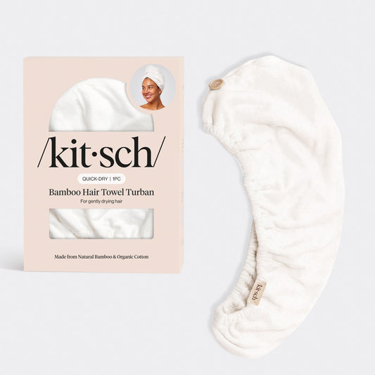 Organic Bamboo Hair Towel in white with Kitsch packaging and rolled towel displayed on a clean background.