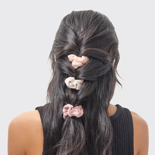 KITSCH Assorted Textured Scrunchies 5pc Set in Terracotta — model wearing terracotta textured scrunchie — mixed textures for versatile styling in warm earth tones