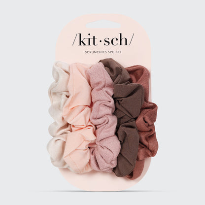 KITSCH Assorted Textured Scrunchies 5pc Set in Terracotta — product on branded packaging card — assorted textures in terracotta, rust, and warm earth tones