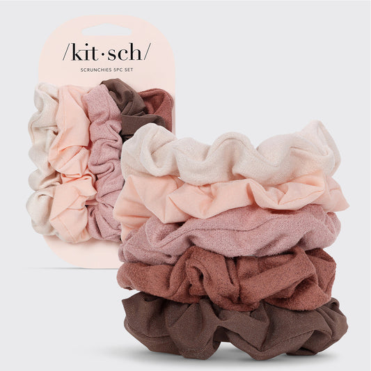 KITSCH Assorted Textured Scrunchies 5pc Set in Terracotta — hero product shot — 5 mixed-texture scrunchies in warm terracotta tones — gentle on strands, all-day hold for all hair types