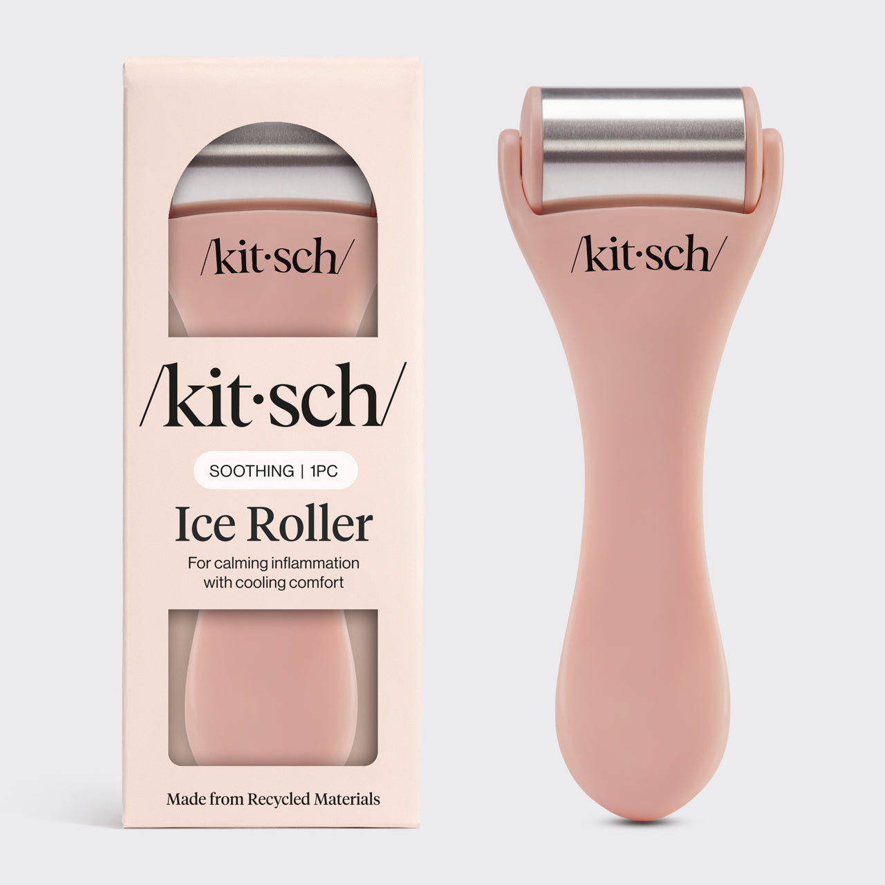 Kitsch Terracotta Ice Roller flat lay showing stainless steel head and terracotta handle