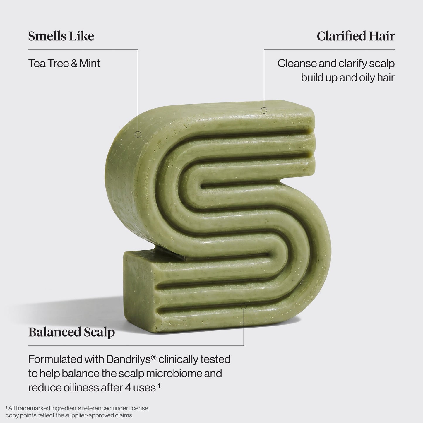KITSCH Tea Tree & Mint Clarifying Solid Shampoo Bar benefit callout on light gray background — Smells Like: Tea Tree & Mint — Clarified Hair: Cleanses and clarifies scalp buildup and oily hair — Balanced Scalp: Dandrilys® clinically tested to help balance the scalp microbiome and reduce oiliness after 4 uses