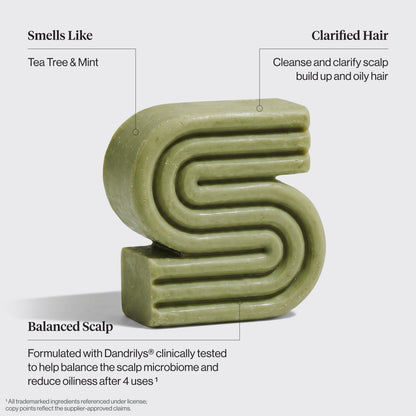 KITSCH Tea Tree & Mint Clarifying Solid Shampoo Bar benefit callout on light gray background — Smells Like: Tea Tree & Mint — Clarified Hair: Cleanses and clarifies scalp buildup and oily hair — Balanced Scalp: Dandrilys® clinically tested to help balance the scalp microbiome and reduce oiliness after 4 uses