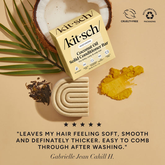 Kitsch Coconut Oil Solid Conditioner Bar with coconut and botanical ingredients beside a five-star customer review praising softer, smoother, thicker-feeling hair.