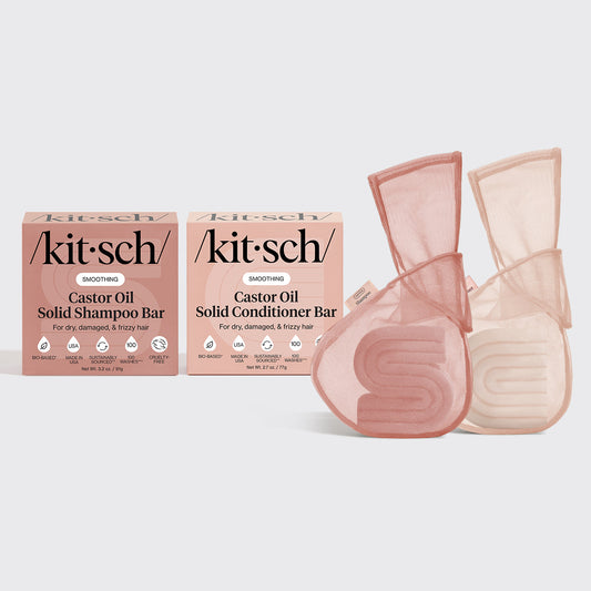 KITSCH Castor Oil Shampoo & Conditioner Combo + Bar Saver Bags Bundle — hero flat lay — Castor Oil Nourishing Solid Shampoo Bar + Conditioner Bar + Bar Saver Bags — bottle-free nourishing routine