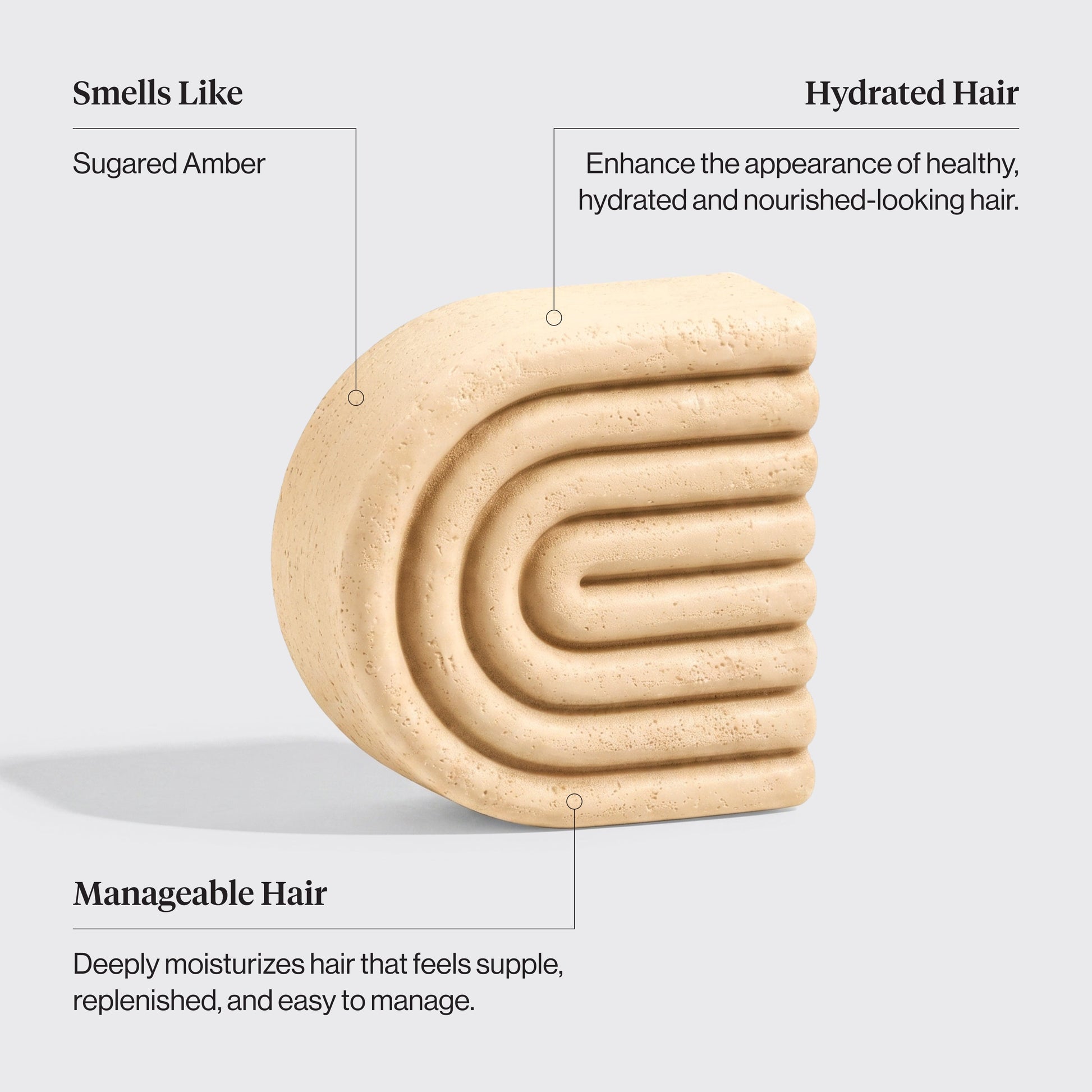 KITSCH Shea Butter Hydrating Solid Conditioner Bar — feature infographic on light background — Smells Like: Sugared Amber | Hydrated Hair: Enhance the appearance of healthy, hydrated and nourished-looking hair | Manageable Hair: Deeply moisturizes hair that feels supple, replenished, and easy to manage — Richly hydrates dry, thirsty strands — Formulated with Shea Butter to restore hair’s moisture, shine & luster