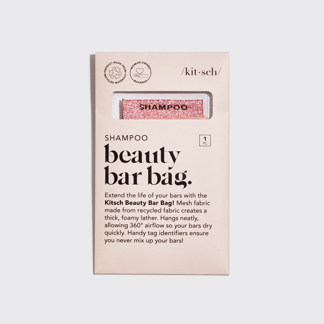 Kitsch Shampoo Bar Bag styled with a shampoo bar tucked inside on a soft neutral background