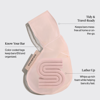 Kitsch Shampoo Bar Bag held by hand showing the drawstring closure and rPET fabric
