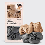 KITSCH Charcoal & Gold Satin Pillow Scrunchies — hero product shot — pillow-soft charcoal and gold satin scrunchies — gentle enough to sleep in, stylish enough for all-day wear