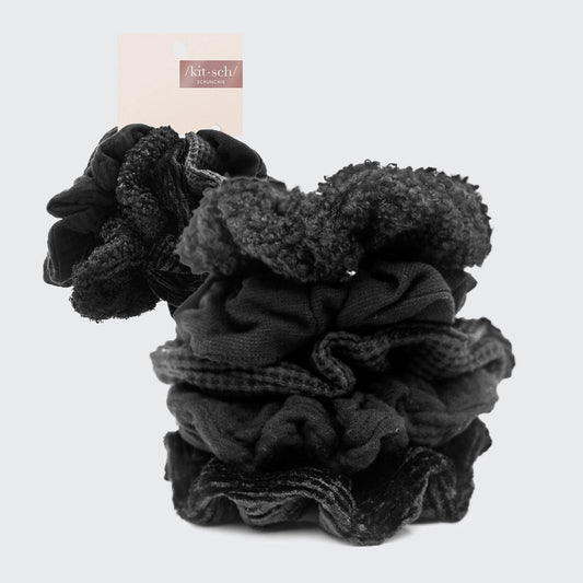 KITSCH Assorted Textured Scrunchies in Black — product packaging shot — 5-piece assorted textured black scrunchies — mixed textures for versatile styling, gentle on all hair types